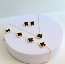 Luxury Black Clover Gold Plated Jewelry Set – 4 Pcs (Necklace, Earrings, Bracelet & Ring)