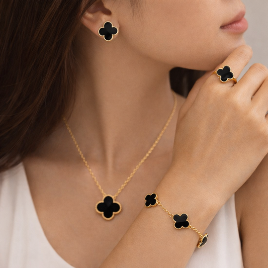 Luxury Black Clover Gold Plated Jewelry Set – 4 Pcs (Necklace, Earrings, Bracelet & Ring)